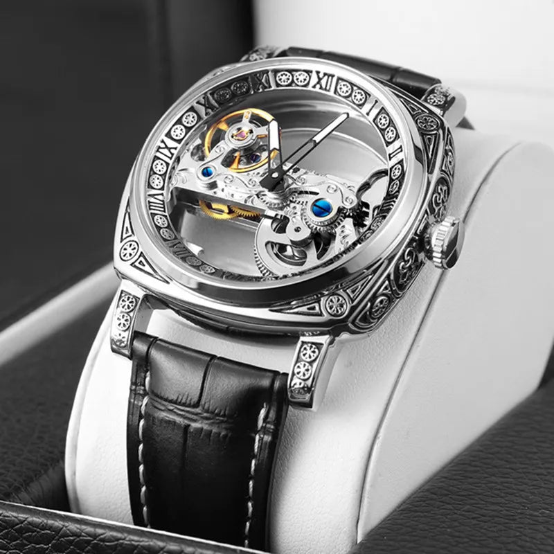 Silver Automatic Mechanical Skeleton Watch with Transparent Case for Men