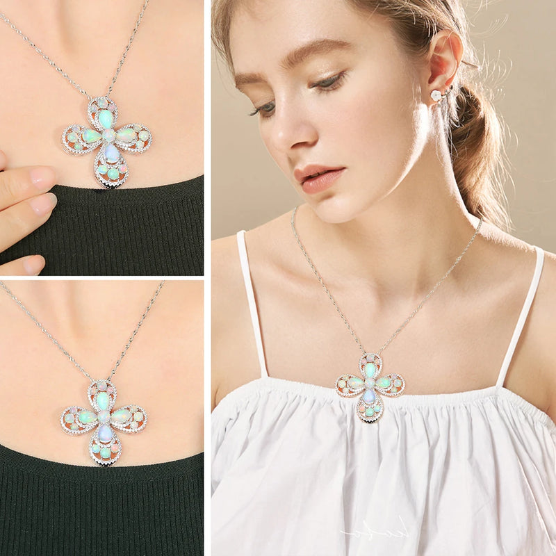 925 Sterling Silver Opal Four Leaf Clover Pendant for Women