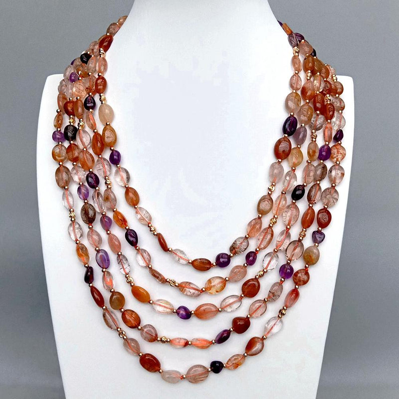 Y.YING 5 Rows Natural Gemstone Necklace Gold Rutilated Quartz Purple Amethyst Necklace Jewelry Gifts