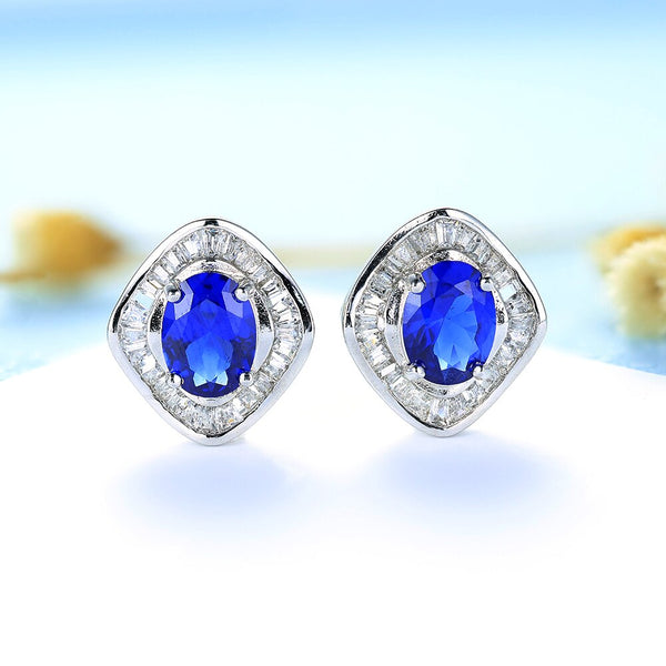 925 Sterling Silver Oval Sapphire Stud Earrings for Women