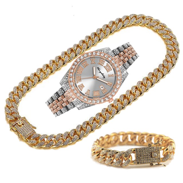 14k Gold Iced Out Watch with Cuban Link Chains Bracelet and Necklace Set for Men