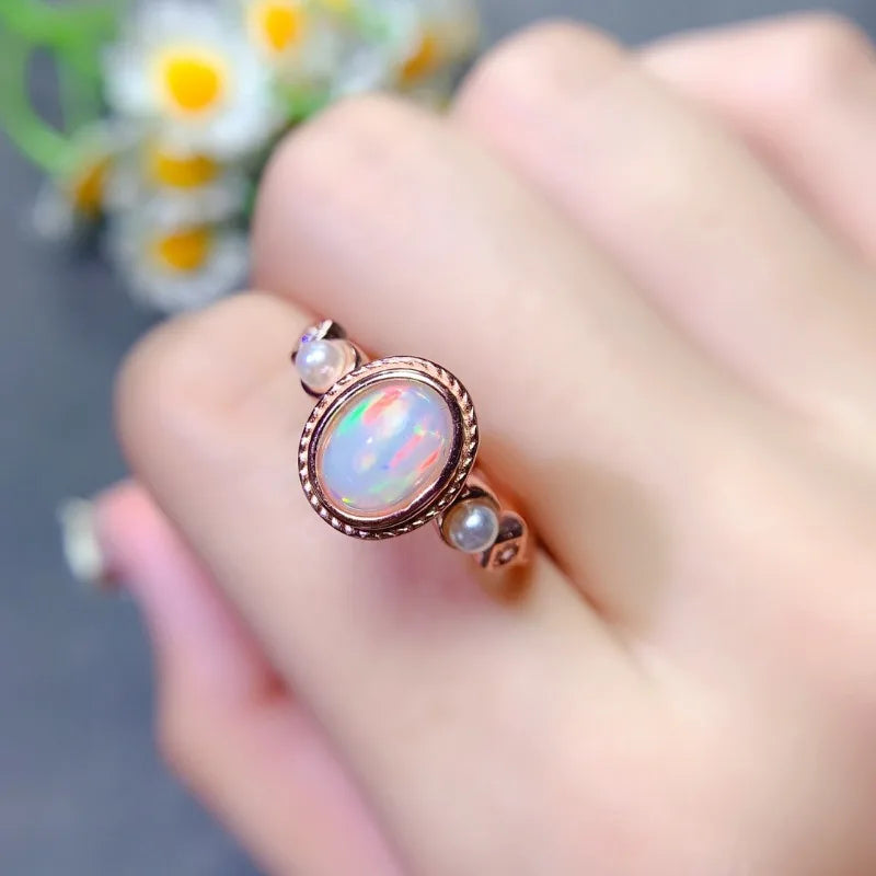 Silver Natural Opal Engagement Ring, 6x8mm, for Her