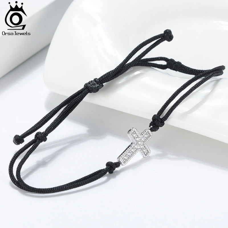 Sterling Silver Black Elastic Rope Chain Bracelet with Cross for Women