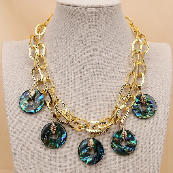 Gold Plated Oval Bezel Set Green Paua Abalone Shell Pendant Necklace for Women