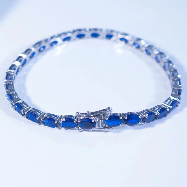 Sterling Silver Oval Blue Sapphire & Zircon Bangle Bracelet for Women