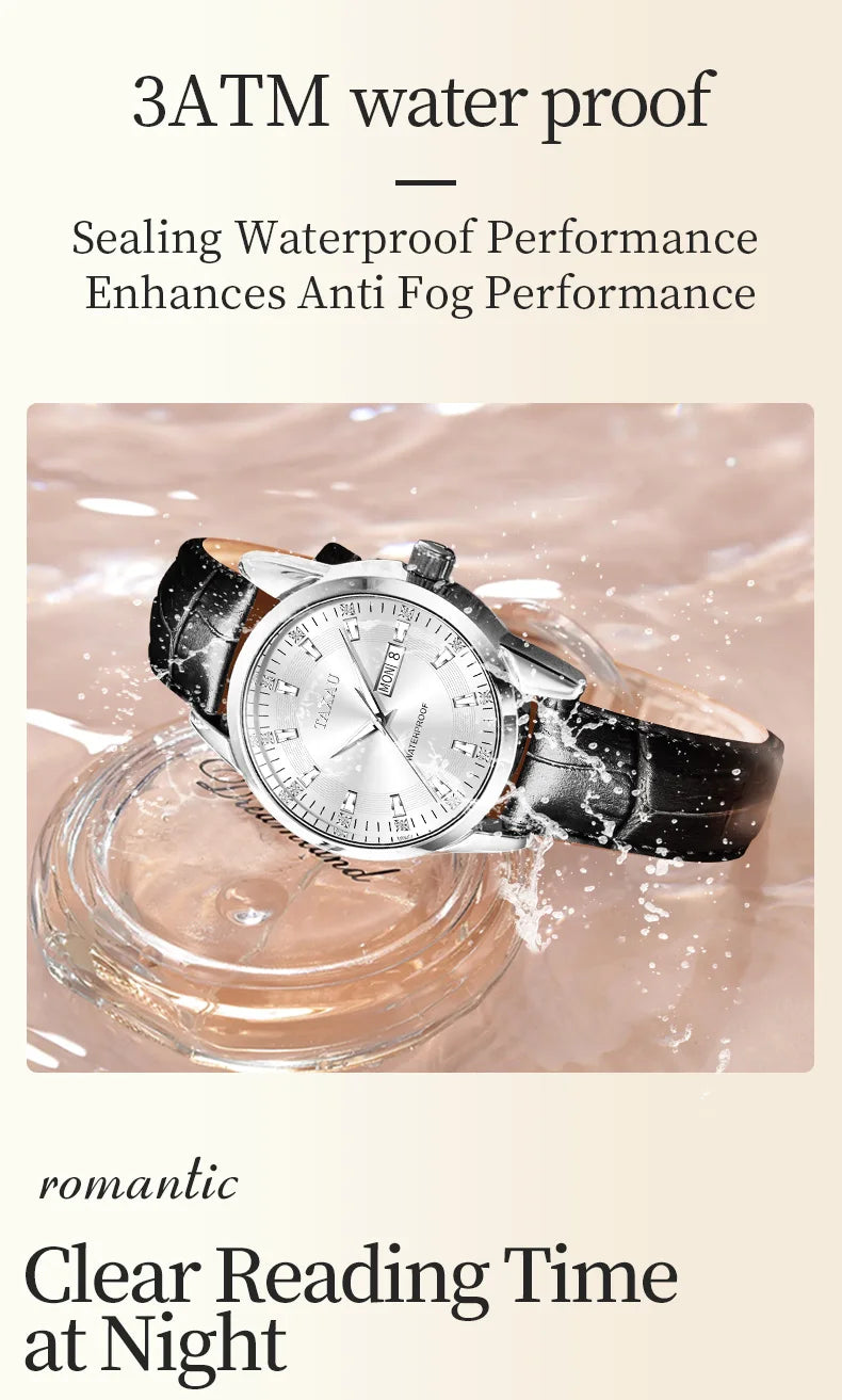 Stainless Steel Leather Casual Elegant Watch with Luminous Calendar, Waterproof for Women