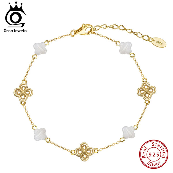 14K Gold Plated 925 Sterling Silver Four-Leaf Plant Bracelet