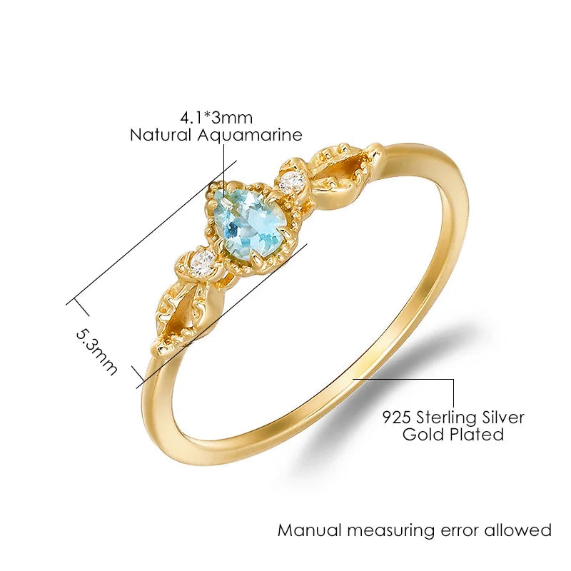 925 Sterling Silver Gold Plated Aquamarine Ring for Women