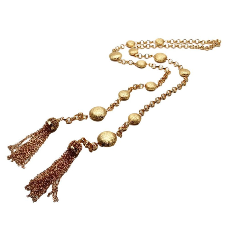 Gold Plated Brushed Coin Bead Long Necklace for Women