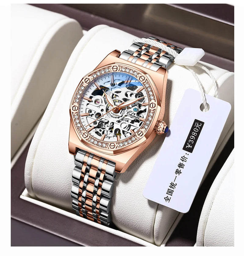 Gold Hollowed Automatic Waterproof Night Watch for Ladies