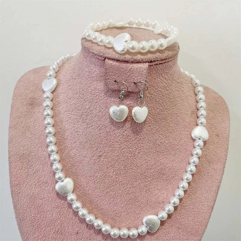 Plastic White Pearls Jewelry Set Necklace Earring Bracelet Chain Choker for Women