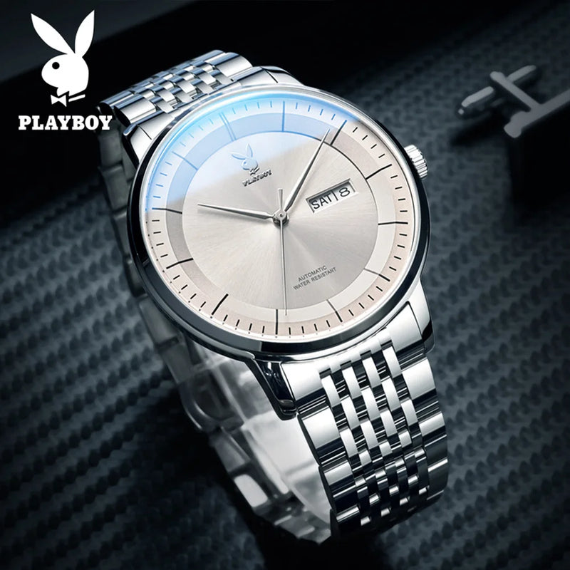 Stainless Steel Simple Automatic Mechanical Watch with Calendar for Men