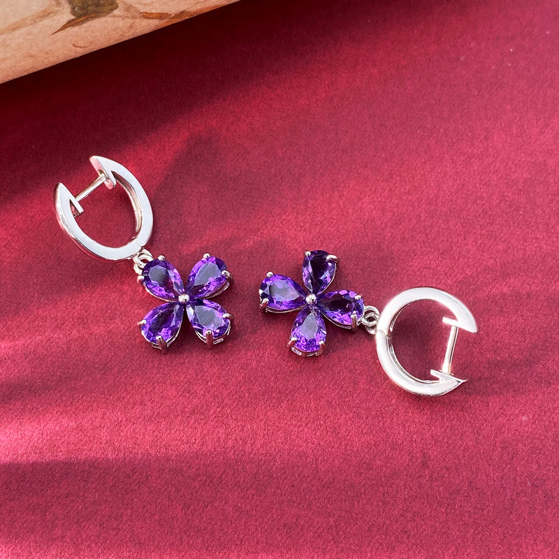 Sterling Silver Amethyst Flower Drop Earrings for Women