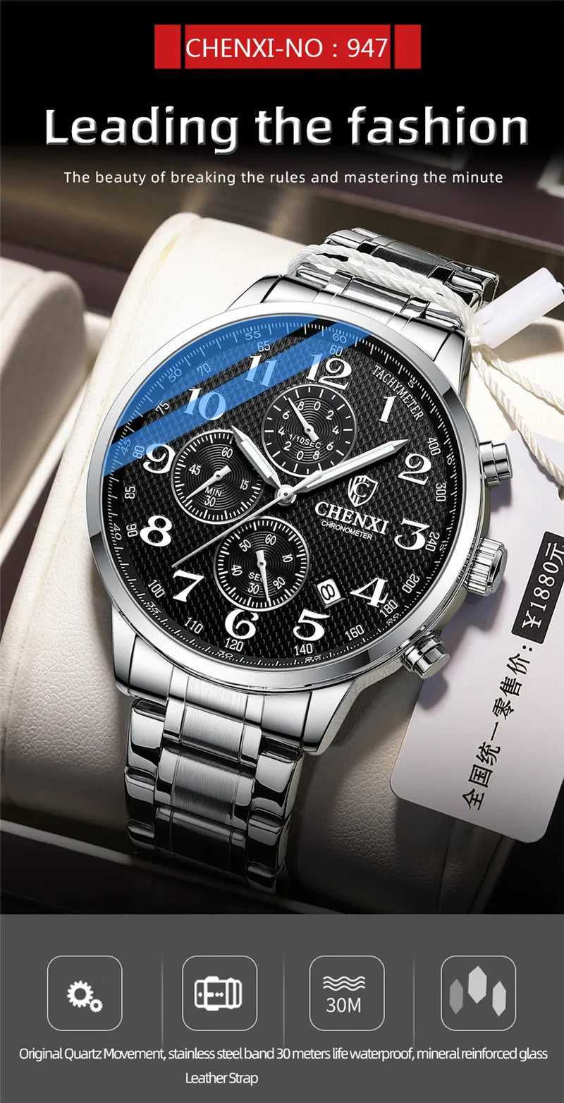 Stainless Steel Leather Chronograph Watch for Men