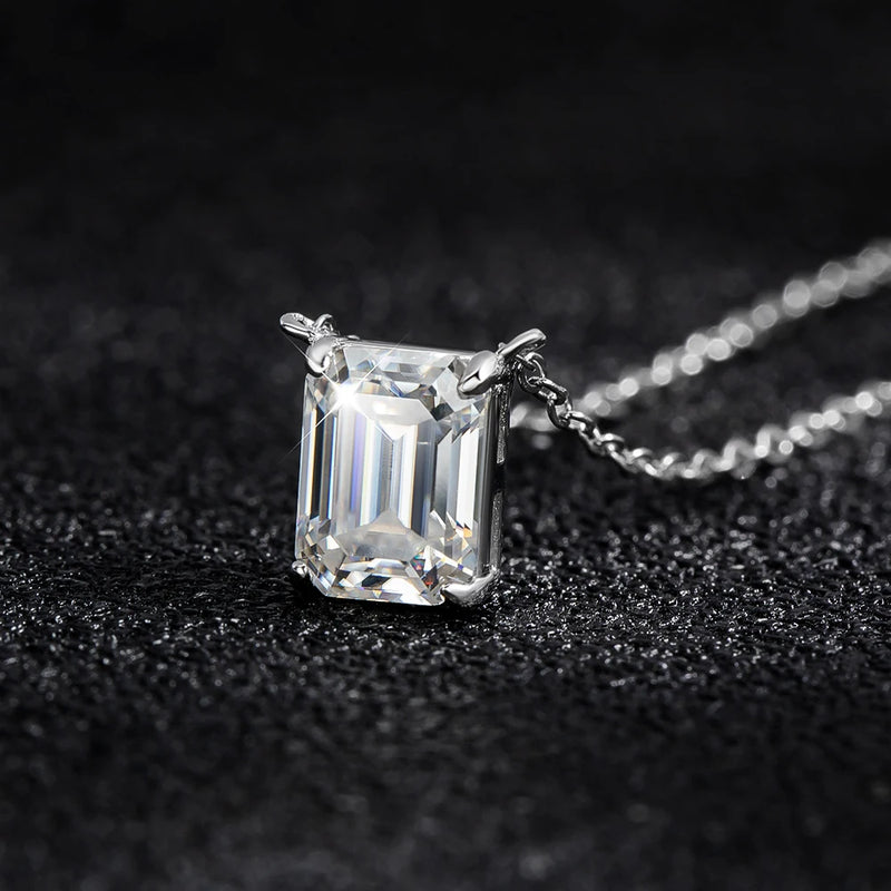 Sterling Silver 6x8mm 2ct Emerald Cut Moissanite Pendant Necklace for Women