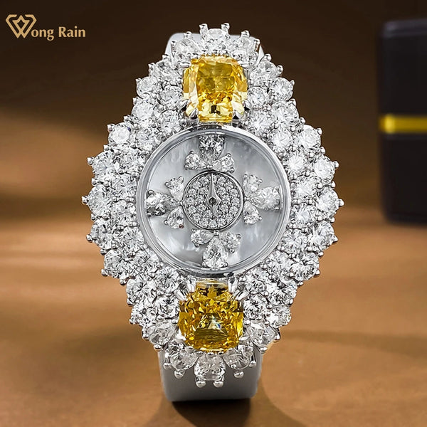 Wong Rain Luxury Elegant 32MM Quartz Watch Wristwatches Stainless Steel Citrine Full Diamonds Gemstone Dial Clock Top Quality