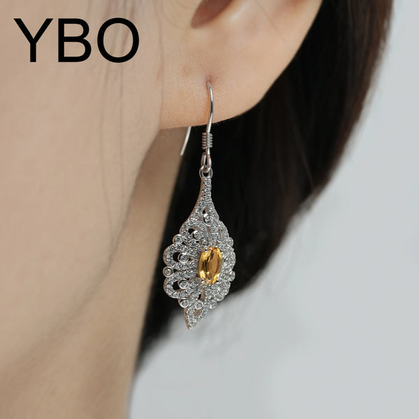 Sterling Silver Citrine Zircon Flower Drop Earrings for Women