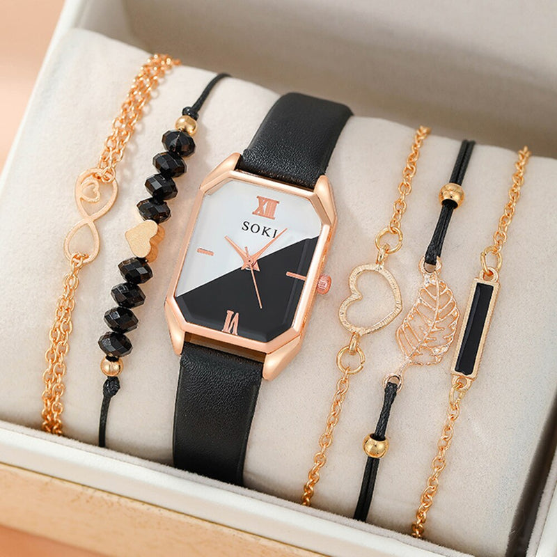 Gold Quartz Watch and Bracelet Set for Women