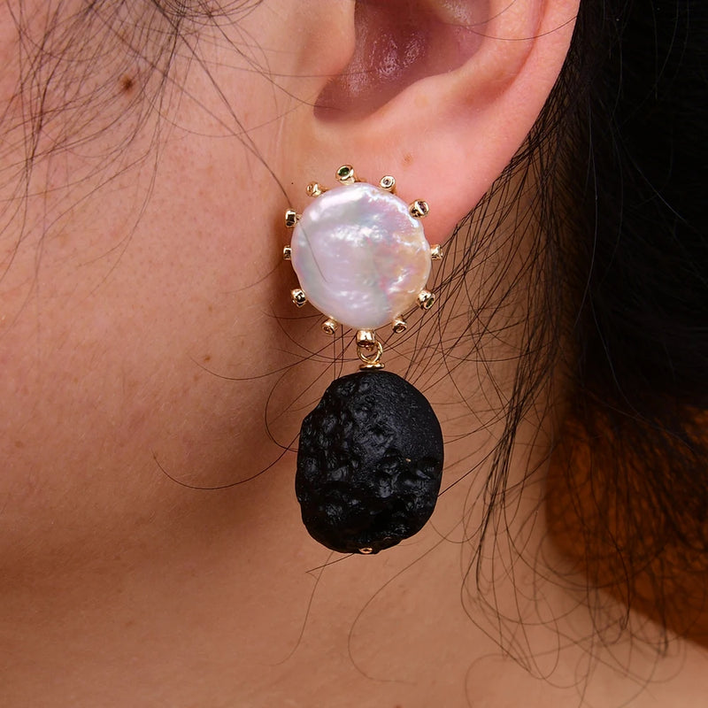 Sterling Silver Black Meteorite and White Keshi Pearl Stud Earrings for Women