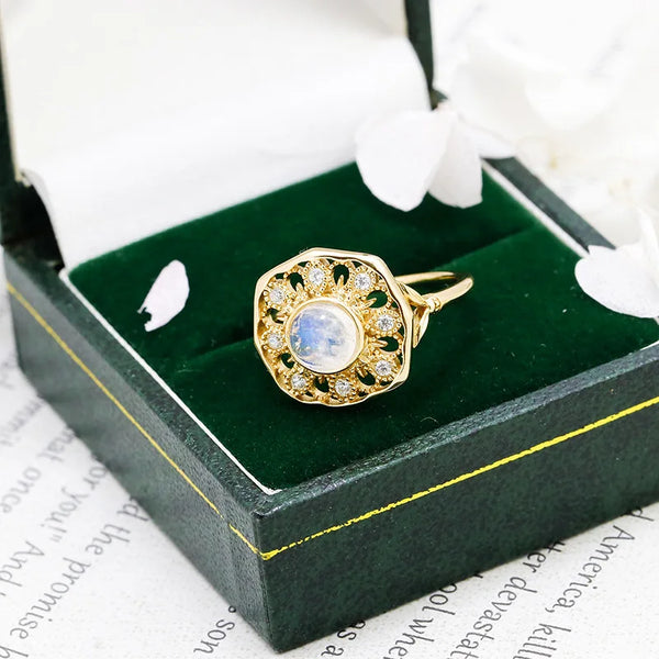 925 Sterling Silver Gold Plated Moonstone Ring for Women