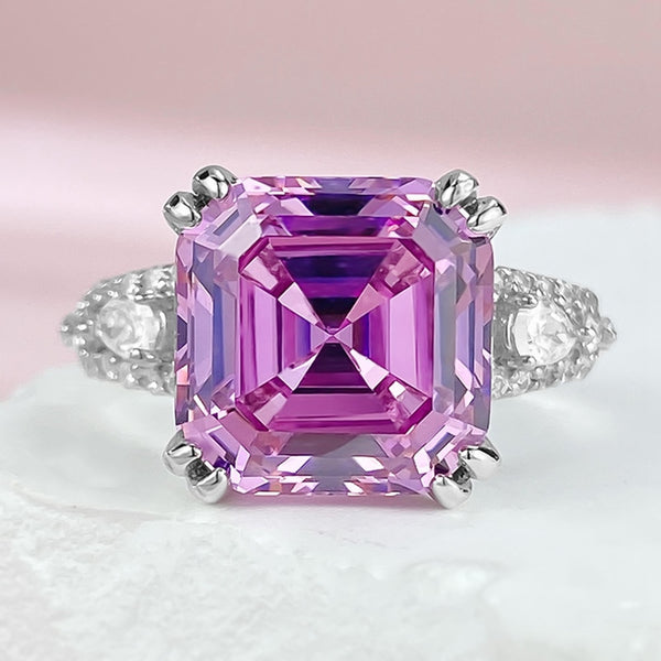 Wong Rain 925 Sterling Silver Asscher Cut 11*11 MM Pink Sapphire Gemstone Ring for Women Wedding Engagement Jewelry Gifts