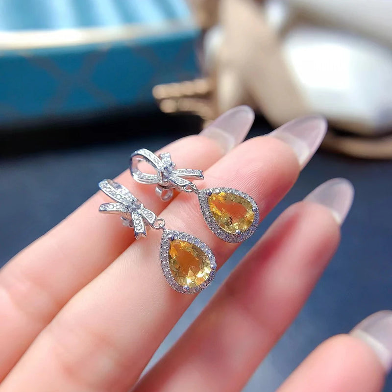 925 Silver Citrine Water Drop Earrings for Women