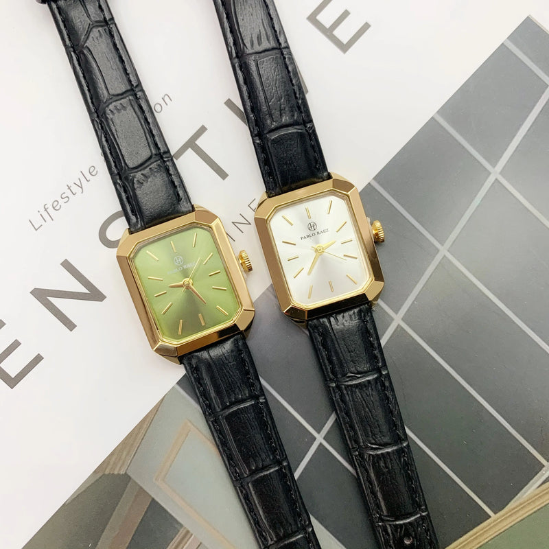 Luxury Women's Square Watch with Black Leather Strap and Small Dial