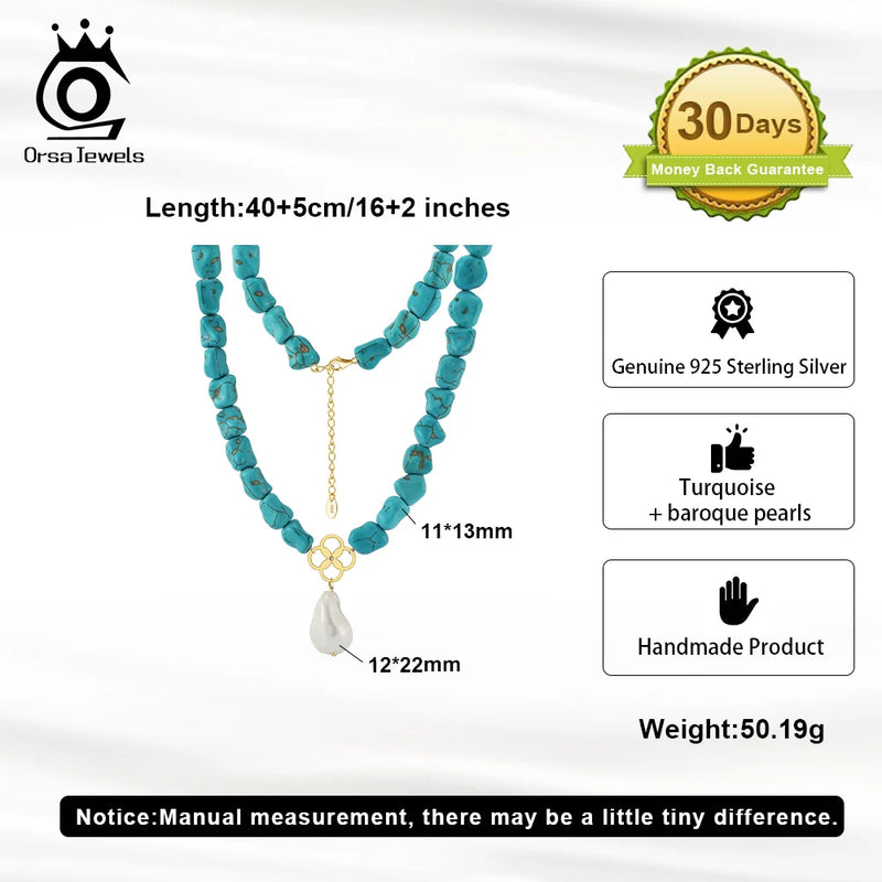 S925 Silver Turquoise Baroque Shell Pendant Necklace for Women