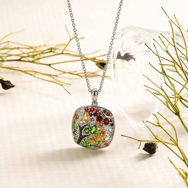 925 Sterling Silver Square Pendant Necklace with Natural Garnet, Citrine, and Colorful Tree Mixed Gems for Women