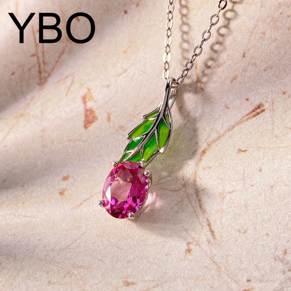 Sterling Silver Green Leaf Pendant Necklace with Pink Topaz for Women