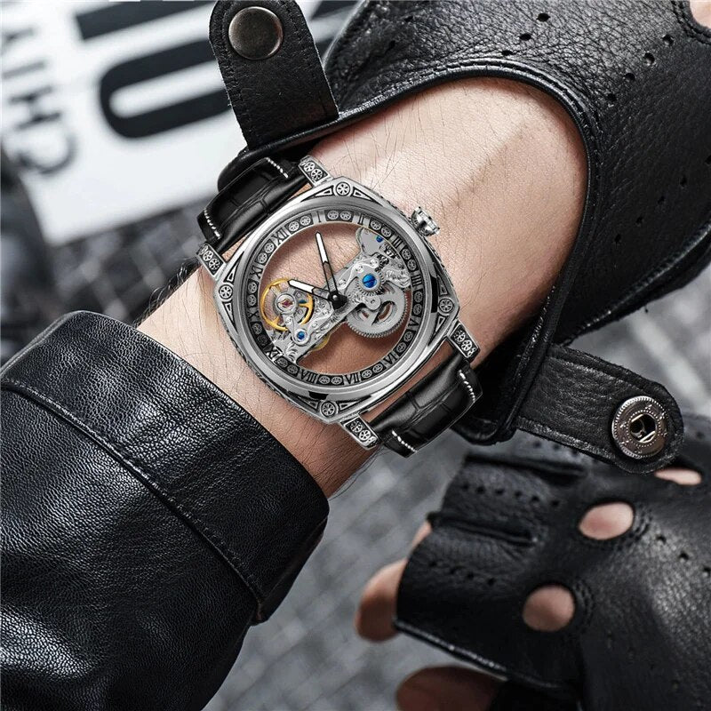 Silver Automatic Mechanical Skeleton Watch with Transparent Case for Men