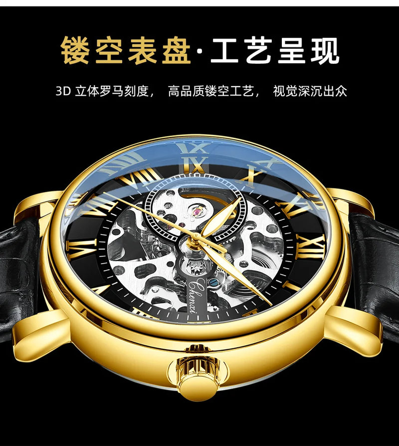 Stainless Steel Skeleton Automatic Luminous Mechanical Watch for Men