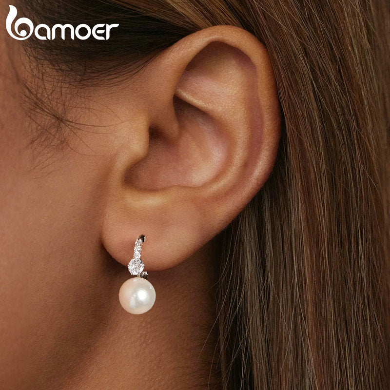 925 Sterling Silver Shell Pearl & CZ Ear Buckles for Women