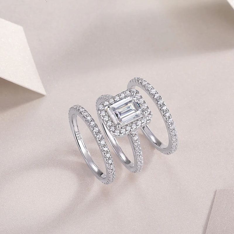 925 Sterling Silver Emerald Cut VVS1 D Color Moissanite Diamond Wedding Engagement Ring Set