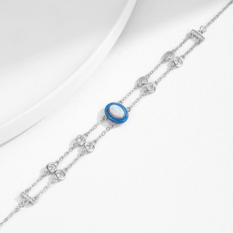 Sterling Silver Double Layer Link Chain Charm Bracelet with Gradient Enamel Oval Opal for Women