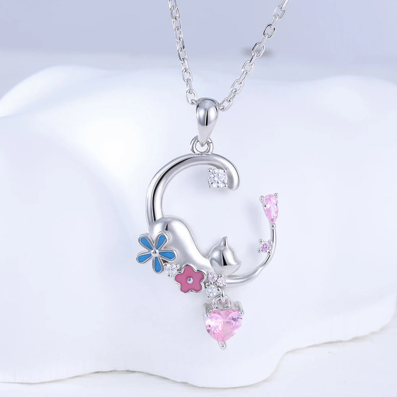 Sterling Silver Heart Moon Cat Pendant with Pink Zircon Necklace for Women