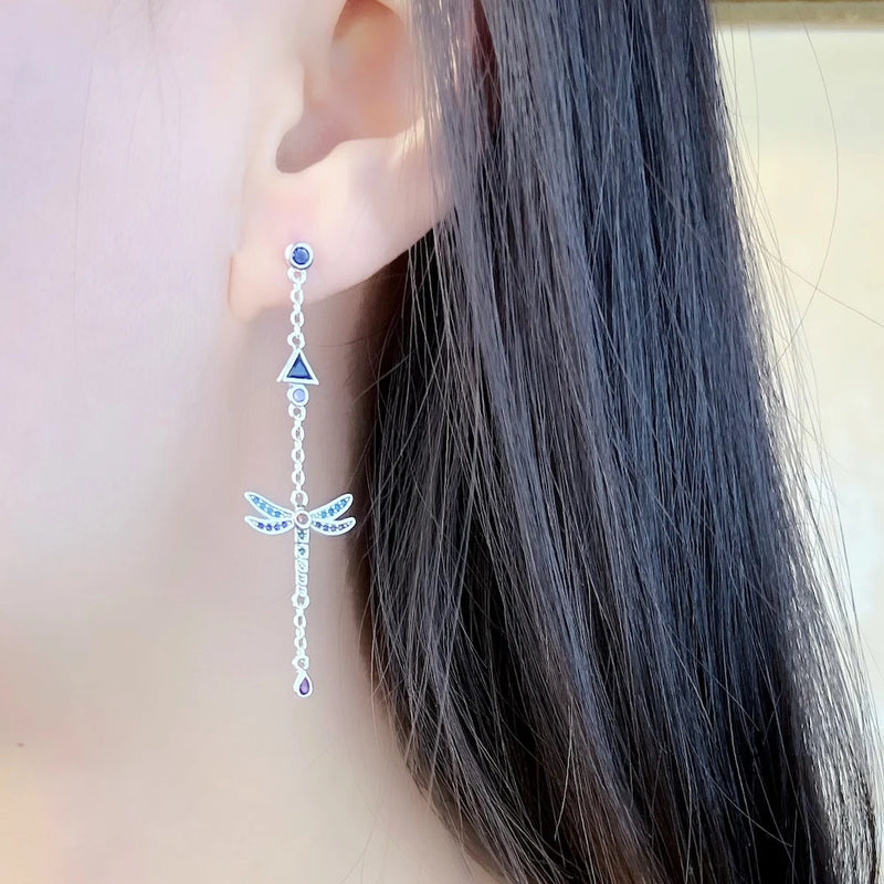 Sterling Silver 925 Play Of Colours Dragonfly Earrings for Women