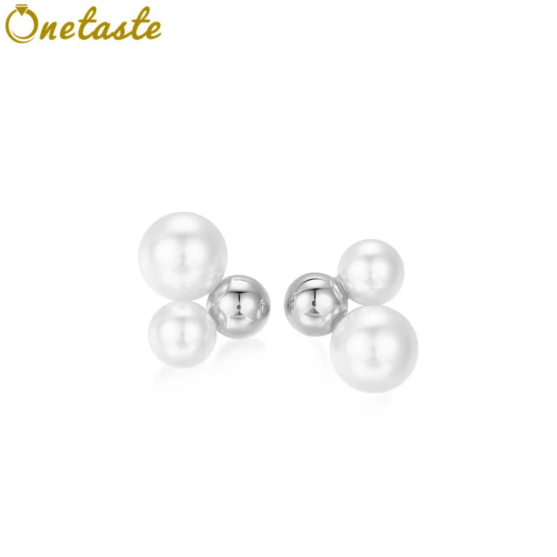 Sterling Silver Shell Pearl Studs Earrings Geometric for Women