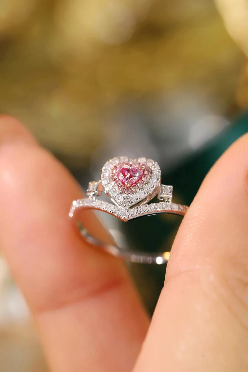 18K White Gold Pink Diamond Heart-Shape Ring for Women