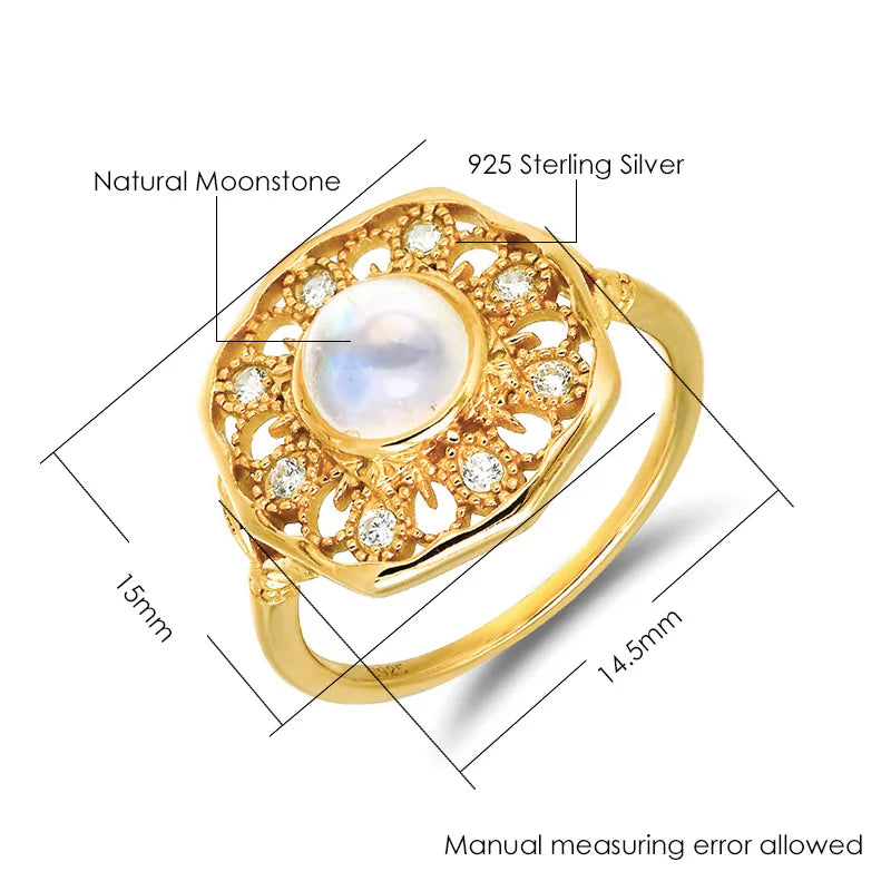 925 Sterling Silver Gold Plated Moonstone Ring for Women