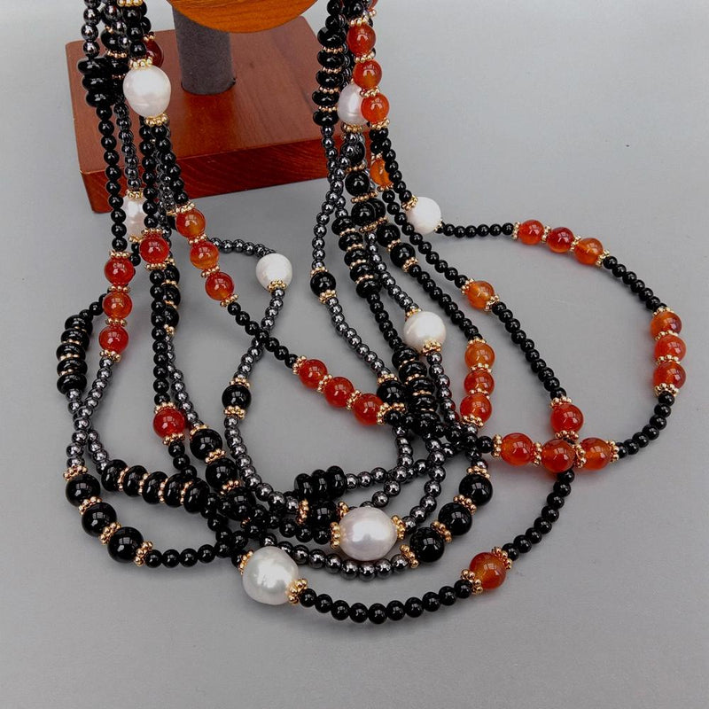 Y.YING 6 Rows Cultured White Rice Pearl Black Onyx Red Agate Hematite Necklace