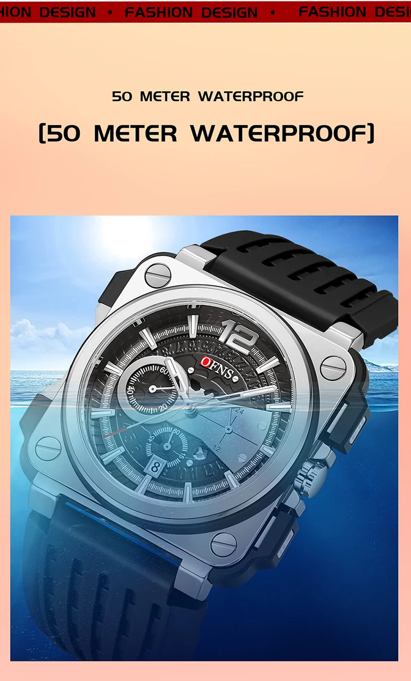 Stainless Steel Quartz Chronograph Watch with Luminous Silicone Strap for Men