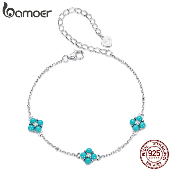 925 Sterling Silver Turquoise Clover Bracelet for Women