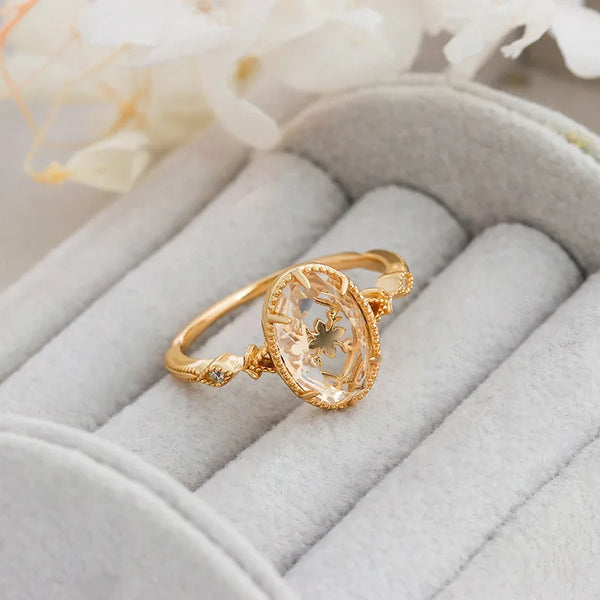 925 Sterling Silver Gold Vermeil Natural White Crystal Ring for Women