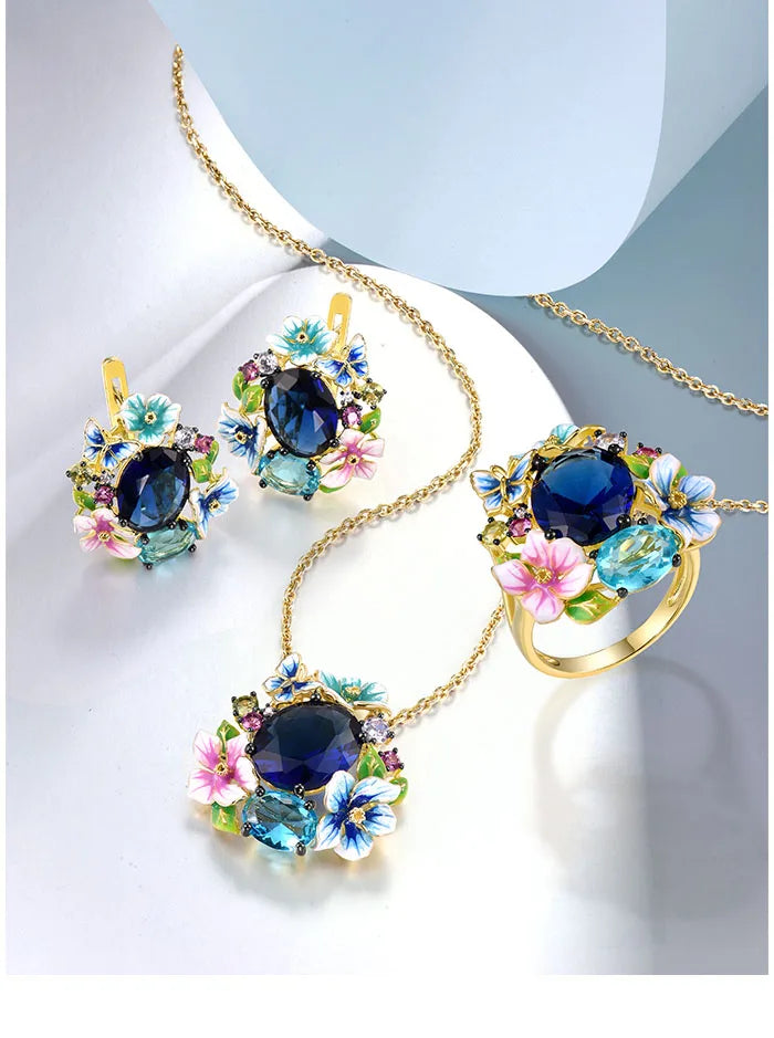 925 Sterling Silver Flower Enamel Jewelry Set for Woman