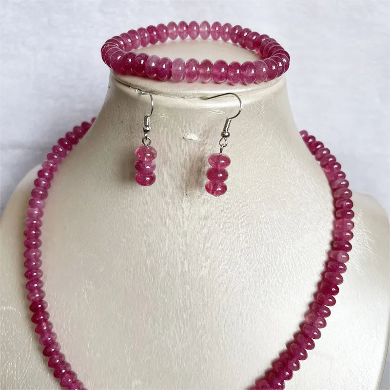 Sterling Silver Oval Pink Red Rubellite Jewelry Set with Necklace, Earrings, Bracelet and Choker for Women