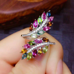 925 Sterling Silver Tourmaline Gemstone Feather Ring for Women