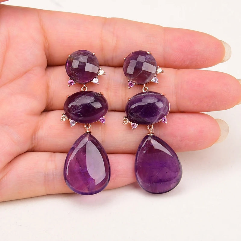 Gold Plated Amethyst Quartz Zircon CZ Teardrop Earrings for Women