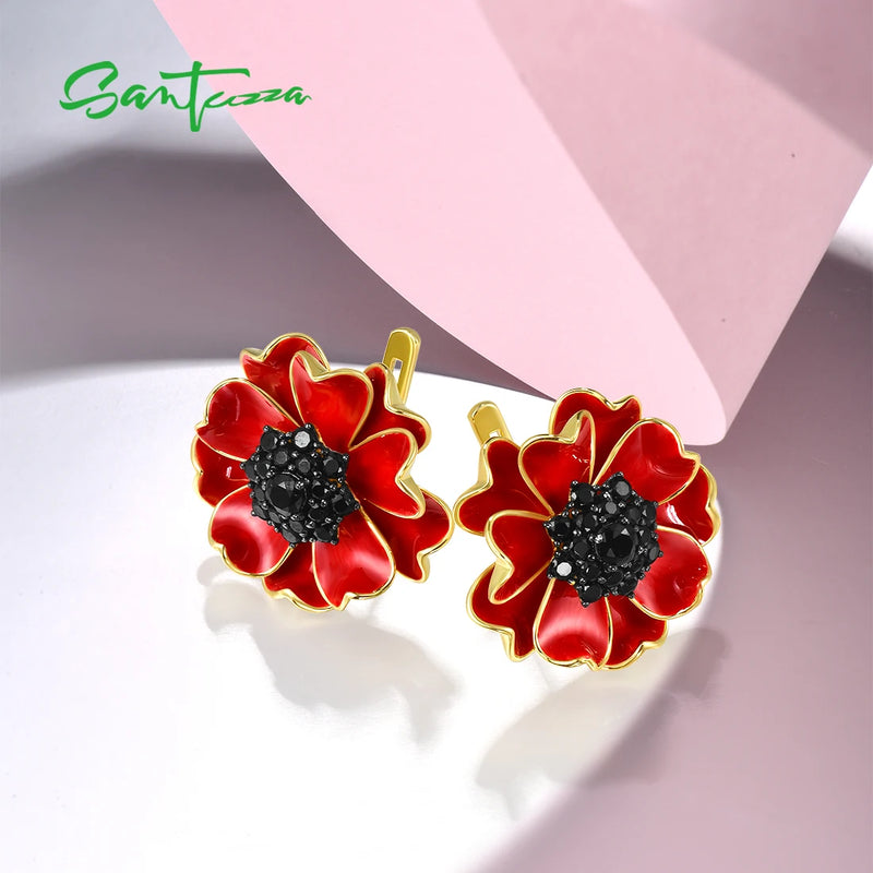 Sterling Silver Black Spinel Red Enamel Blossom Sunflower Earrings for Women