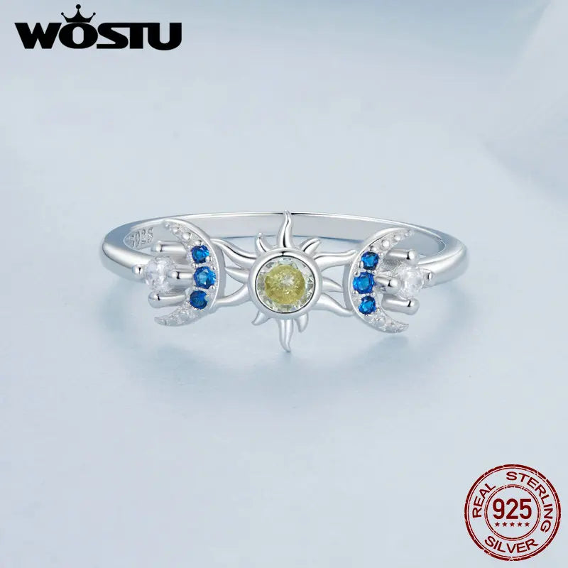 Sterling Silver Moon Sun Band Ring with Blue Yellow Zircon for Women